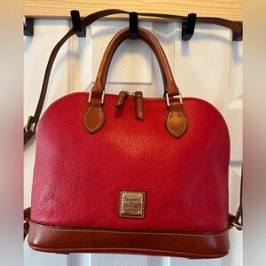 Dooney & Bourke Pebble Grain Zip Zip Satchel in Red & Tan w Crossbody Strap EUC